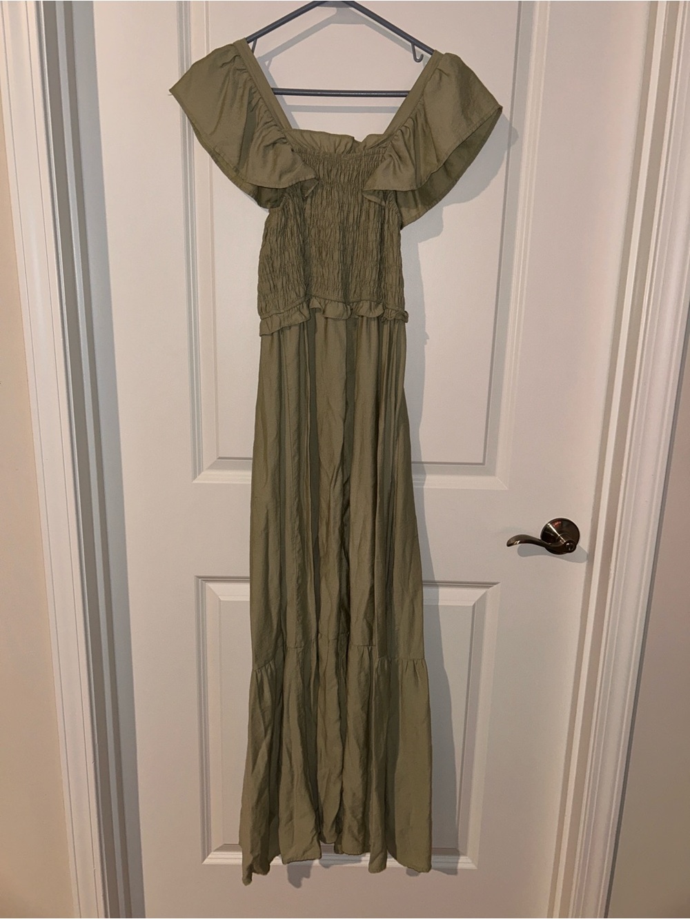 Moon River Olive Maxi Dress with Flutter Shoulders - Picture 4 of 5